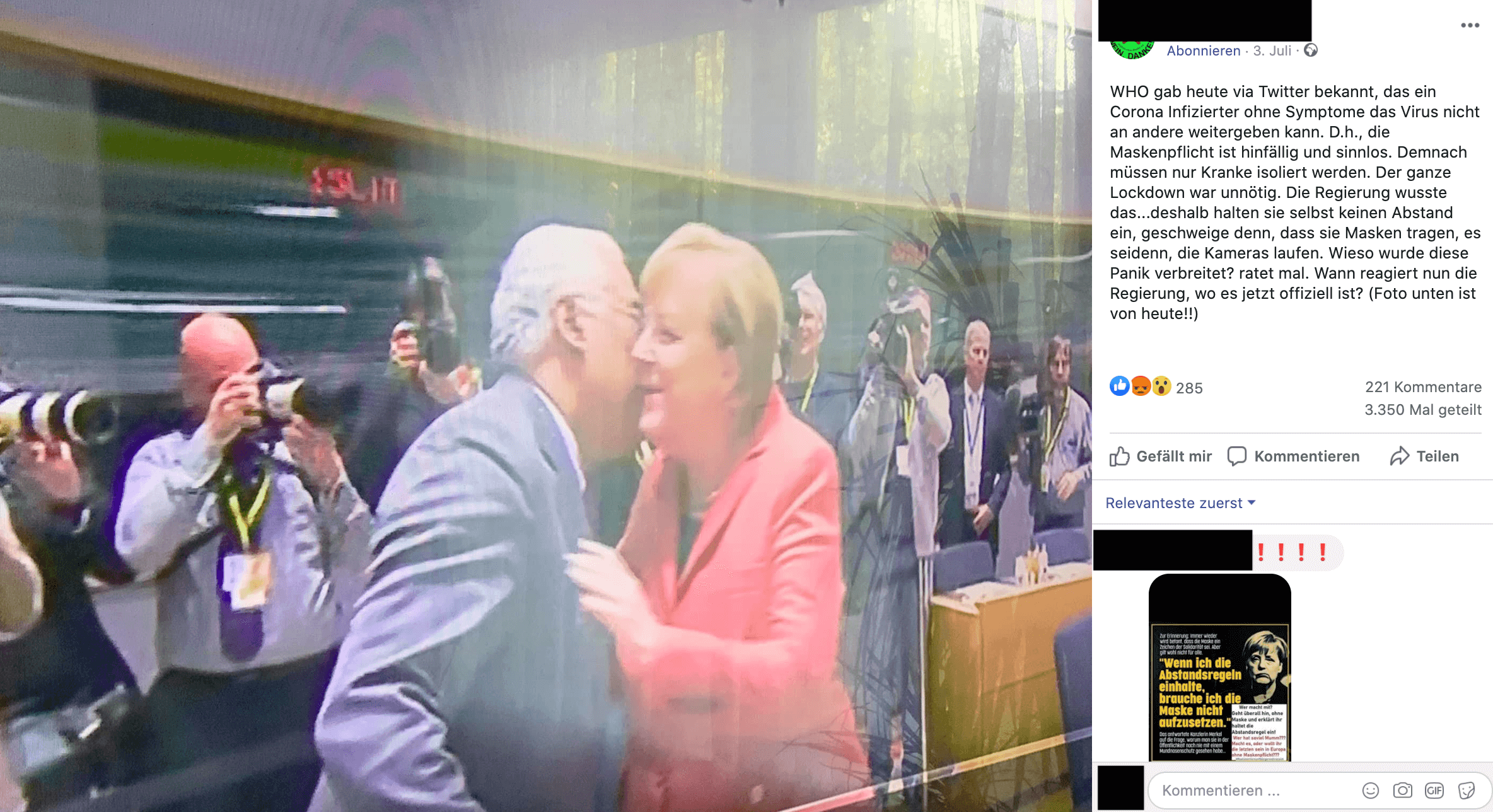 Der Facebook-Beitrag zeigt einen Screenshot von Angela Merkel und António Costa – die Aufnahme entstand im Dezember 2019 in Brüssel vor der Corona-Pandemie. (Screenshot und Schwärzungen: CORRECTIV)