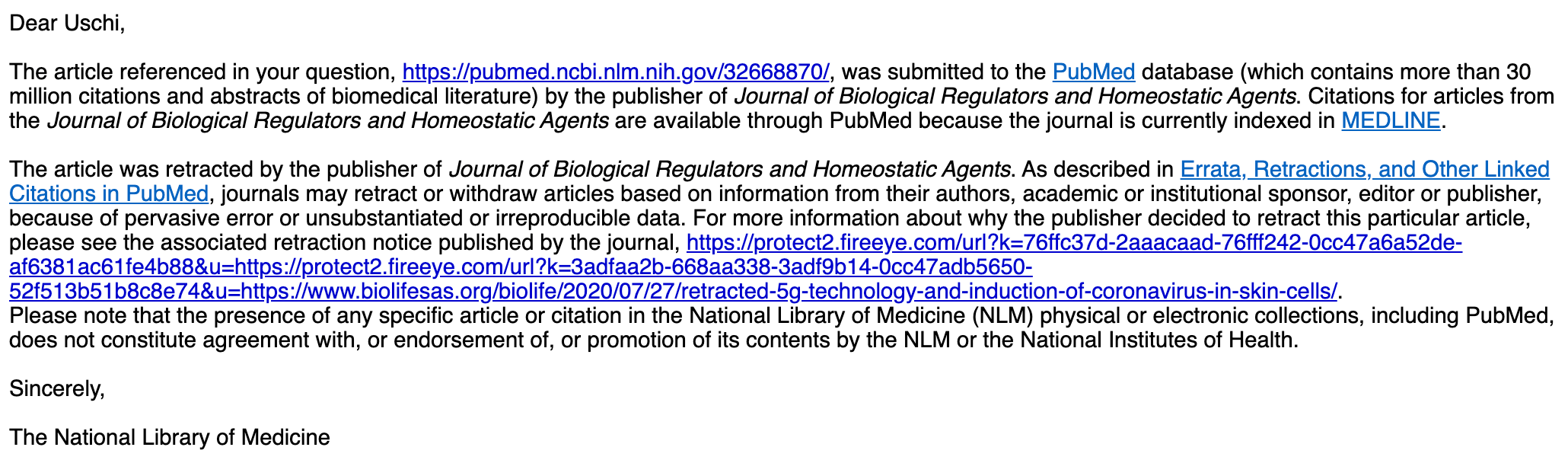 Die Pressestelle der National Library of Medicine bestätigt in einer E-Mail, dass der Artikel zurückgezogen wurde. (Screenshot: CORRECTIV)