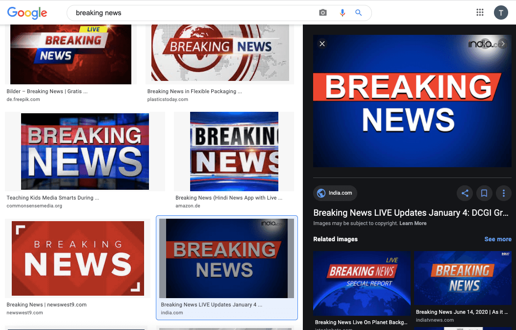 Eine Google-Suche nach dem Stichwort „Breaking News“ führte zu dem Label im Screenshot (Quelle: Google, Screenshot: CORRECTIV.Faktencheck)
