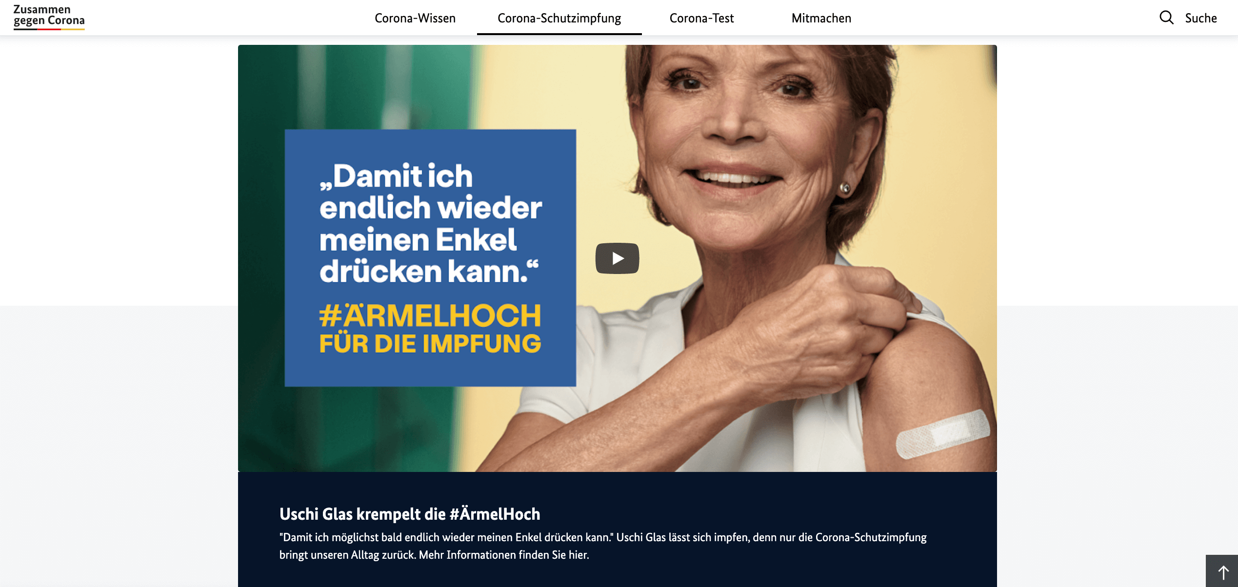 Das Startbild des Videos mit Uschi Glas im Rahmen der #ÄrmelHoch-Kampagne mit einem Pflaster auf dem linken Arm (Quelle: Bundesgesundheitsministerium / Screenshot: CORRECTIV.Faktencheck)