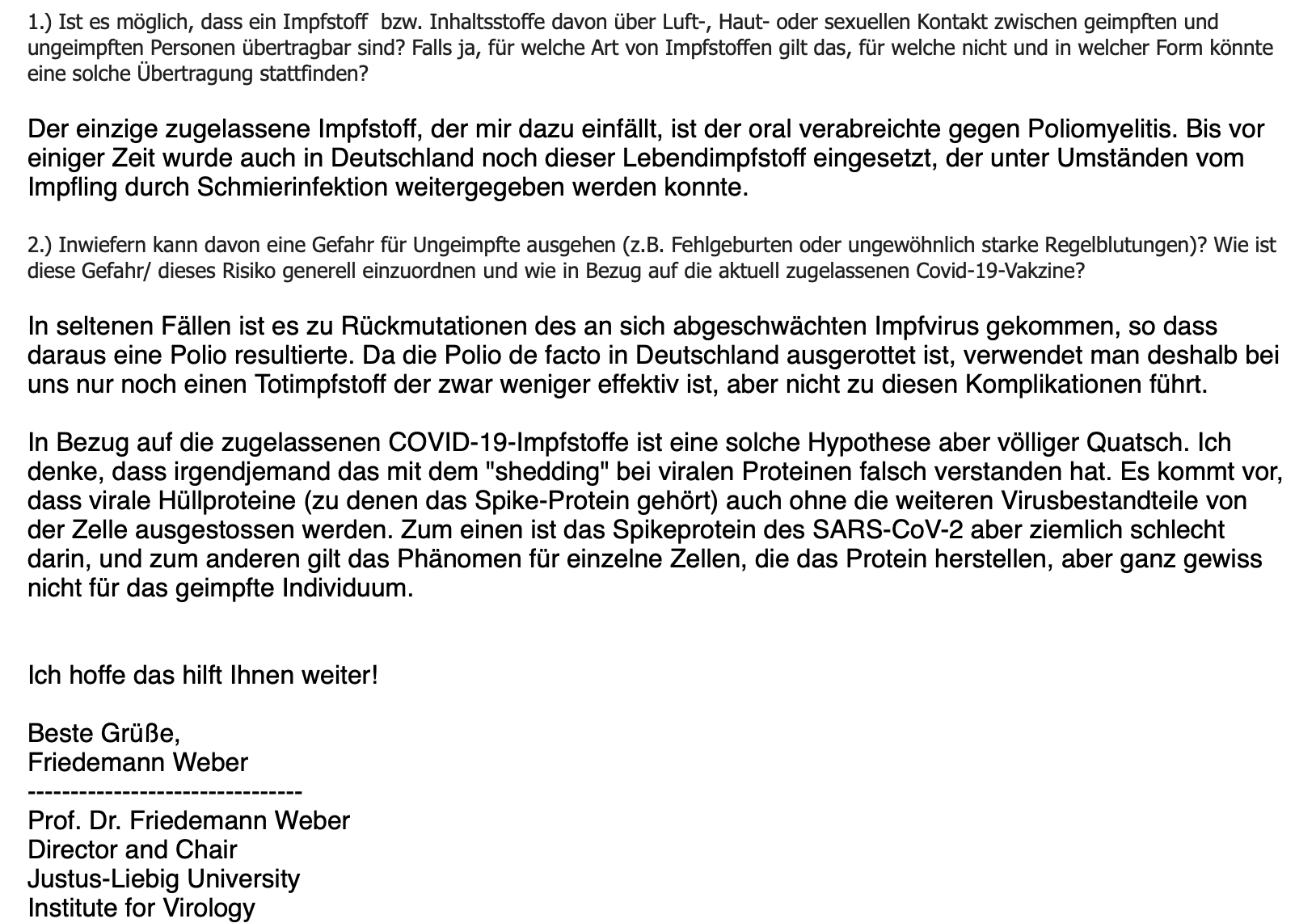 Die E-Mail von Virologe Friedemann Weber (Screenshot: CORRECTIV.Faktencheck)