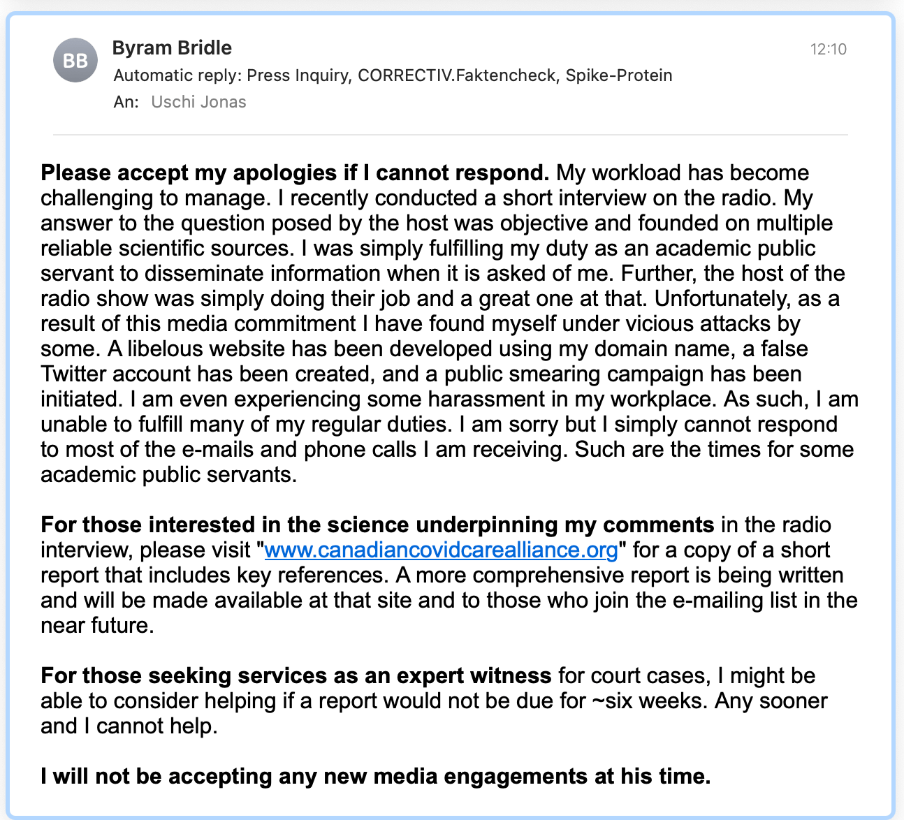 Diese automatisierte Nachricht erreichte uns als Antwort auf unsere E-Mail-Anfrage an Byram Bridle am 10. Juni 2021 (Screenshot: CORRECTIV.Faktencheck)