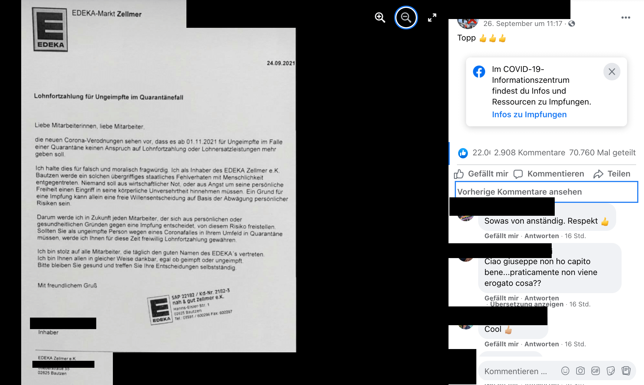 Dieses Schreiben eines Edeka-Markt-Inhabers zu Lohnfortzahlungen für ungeimpfte Mitarbeiterinnen und Mitarbeiter in Corona-Quarantäne kursiert in Sozialen Netzwerken (Quelle: Facebook / Screenshot und Schwärzungen: CORRECTIV.Faktencheck)