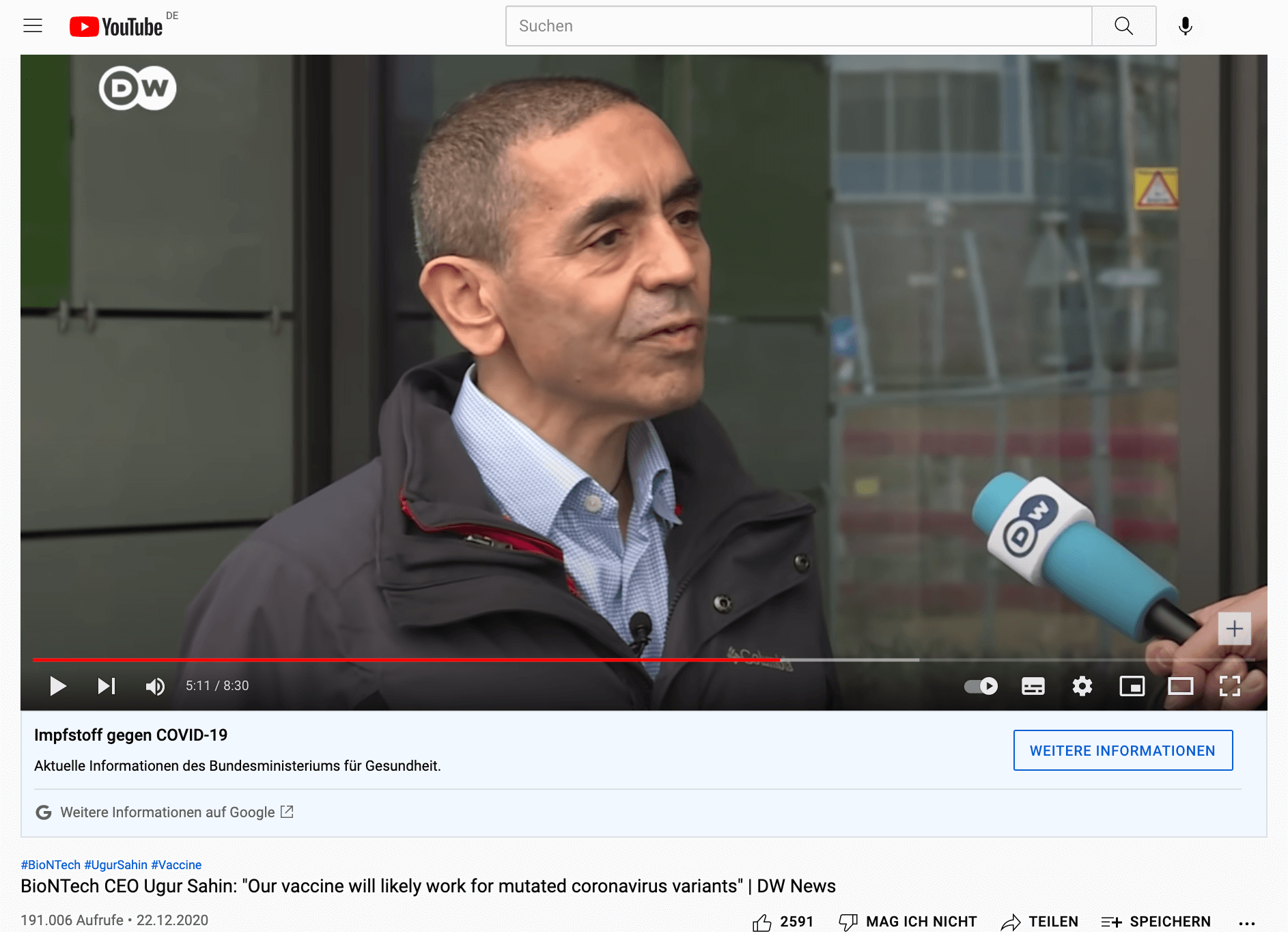 Das Interview vom 22. Dezember 2020 mit Şahin auf dem Youtube-Kanal der Deutschen Welle (Quelle: Youtube / Screenshot: CORRECTIV.Faktencheck)