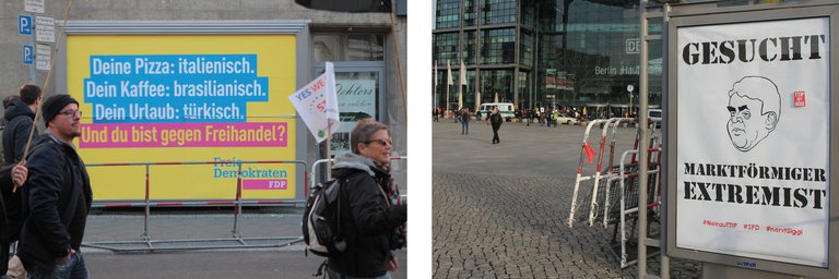 Verschiedene Plakate für und gegen TTIP