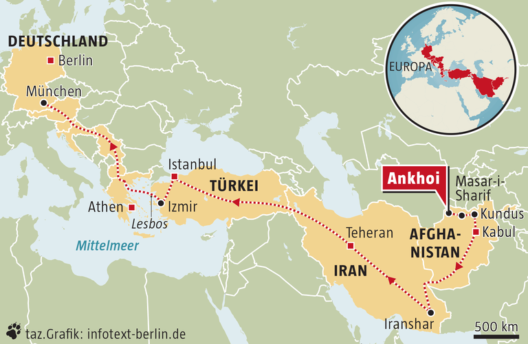Karte der Fluchtroute von Afghanistan über Iran, Türkei und Südosteuropa nach Deutschland