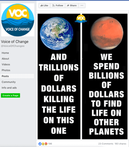 Screenshot der Facebookseite "Voice of Change" – der Post muss von rechts nach links gelesen werden. Quelle: DFRLab/Facebook