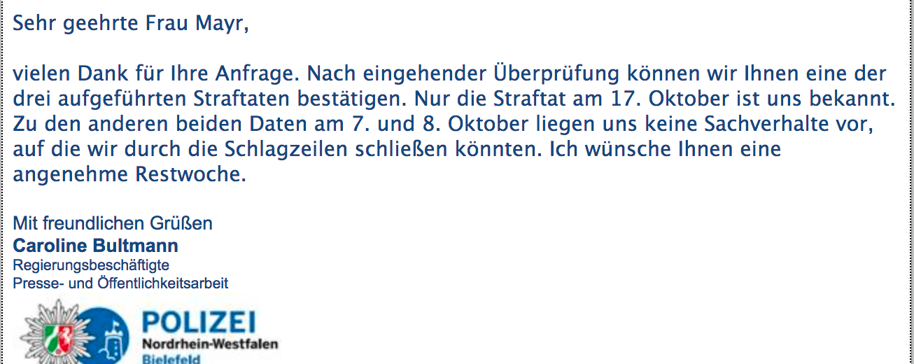 E-Mail der Polizei Bielefeld. Screenshot: CORRECTIV