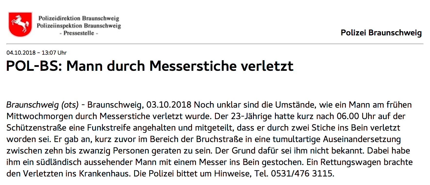 Mitteilung der Polizei Braunschweig. Screenshot: CORRECTIV