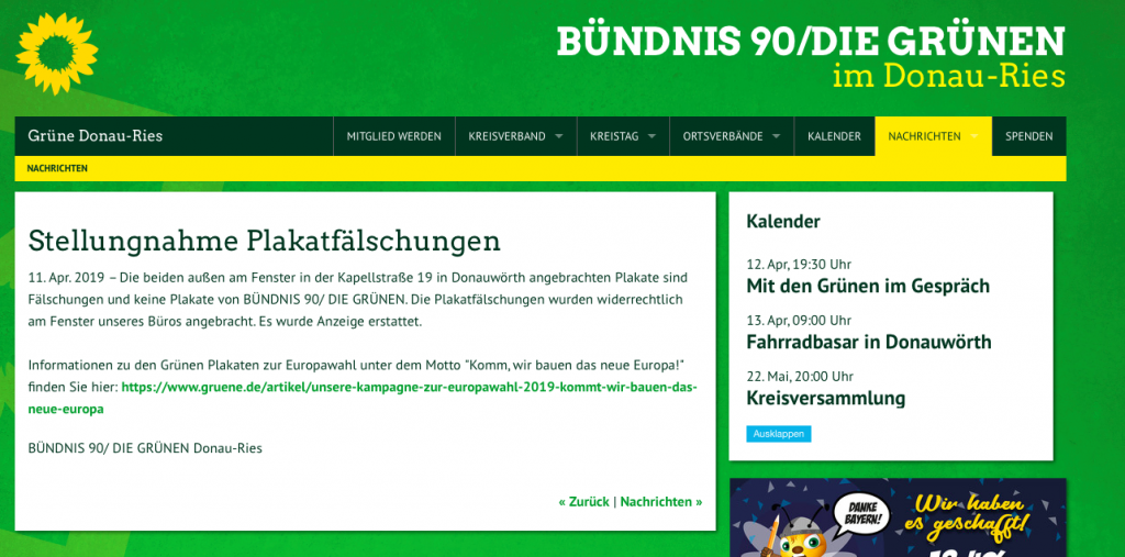 Bayern: gefälschte Grünen-Wahlplakate in Donauwörth