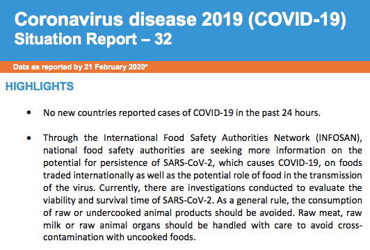 Auszug aus dem Lagebericht der WHO zum Coronavirus vom 21. Februar 2020. 