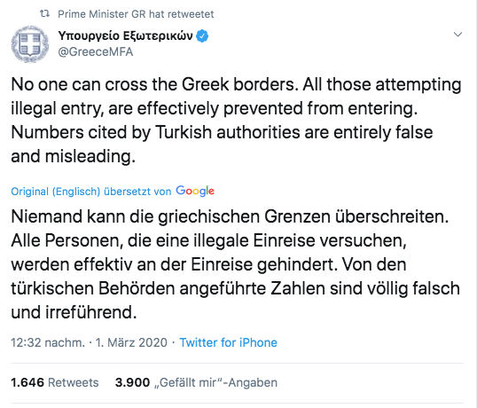 Dieser Tweet des griechischen Außenministeriums besagt, dass niemand die griechische Grenze überschreiten könne. (Screenshot: CORRECTIV)