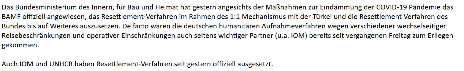 Ein Sprecher des Bamf bestätigt uns per E-Mail, dass die humanitäre Flüchtlingsaufnahme in Deutschland „bis auf Weiteres“ ausgesetzt ist. (Quelle: EU-Kommission, Screenshot: CORRECTIV)