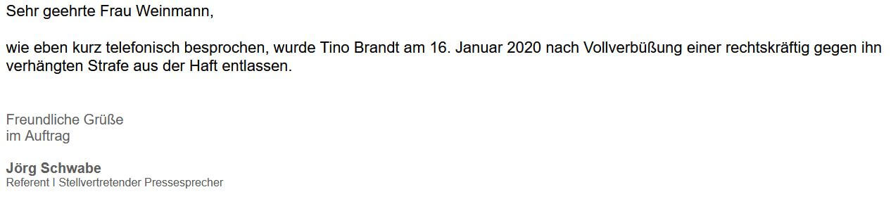 Die E-Mail der Pressestelle des Justizministeriums Thüringen vom 28. Februar. (Screenshot: CORRECTIV)