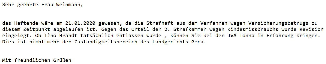 Die E-Mail des Landgerichts Gera an CORRECTIV. (Screenshot: CORRECTIV)