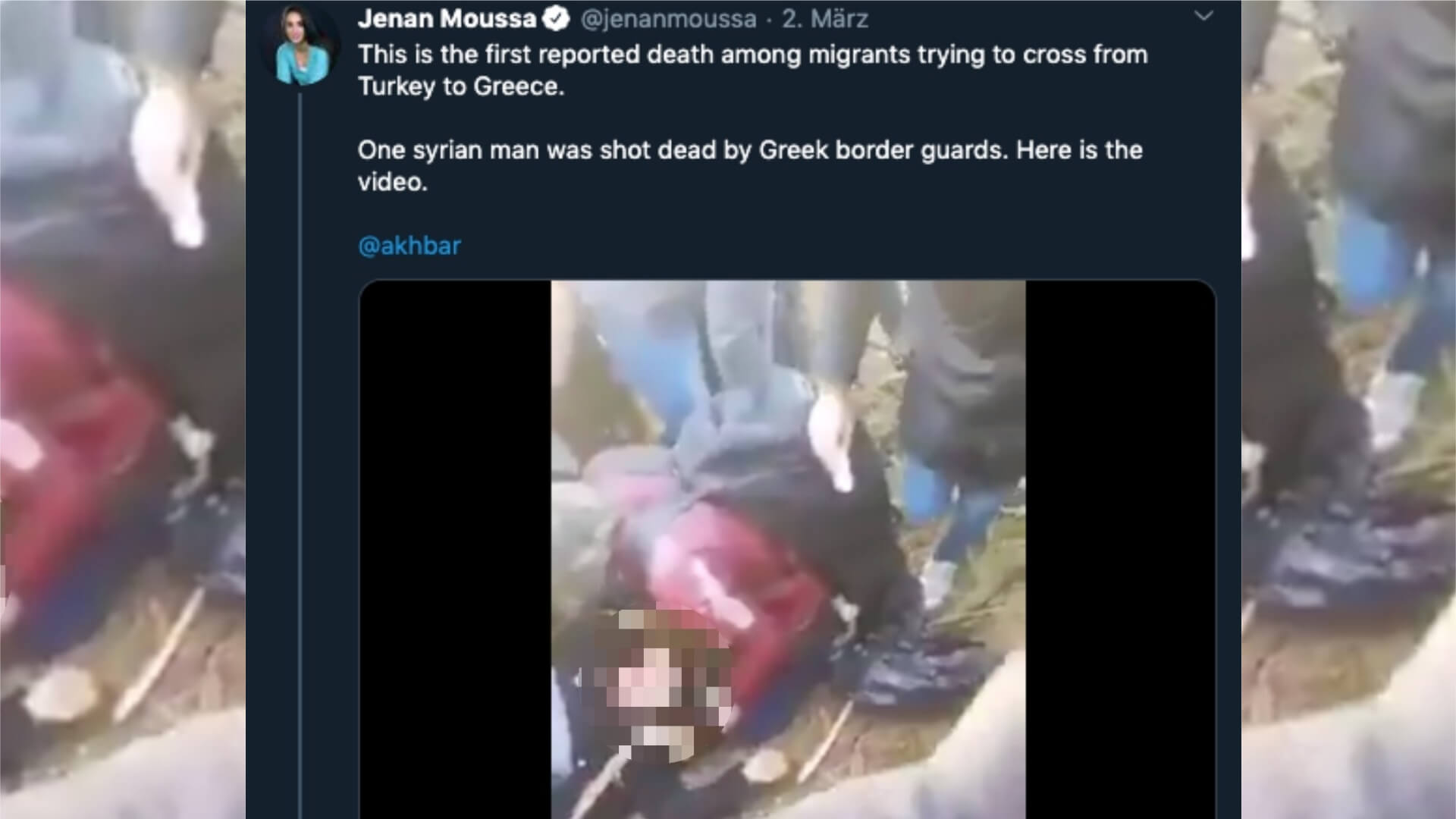 Dieser Tweet soll den Tod eines Syrers an der türkisch-griechischen Grenze dokumentieren. (Collage: CORRECTIV)