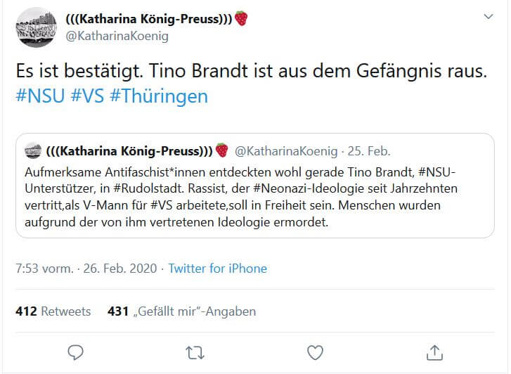 Die Thüringer Landtagsabgeordnete Katharina König-Preuss (Linke) schrieb am 26. Februar, Tino Brandt sei „aus dem Gefängnis raus“. (Quelle: Twitter, Screenshot: CORRECTIV)