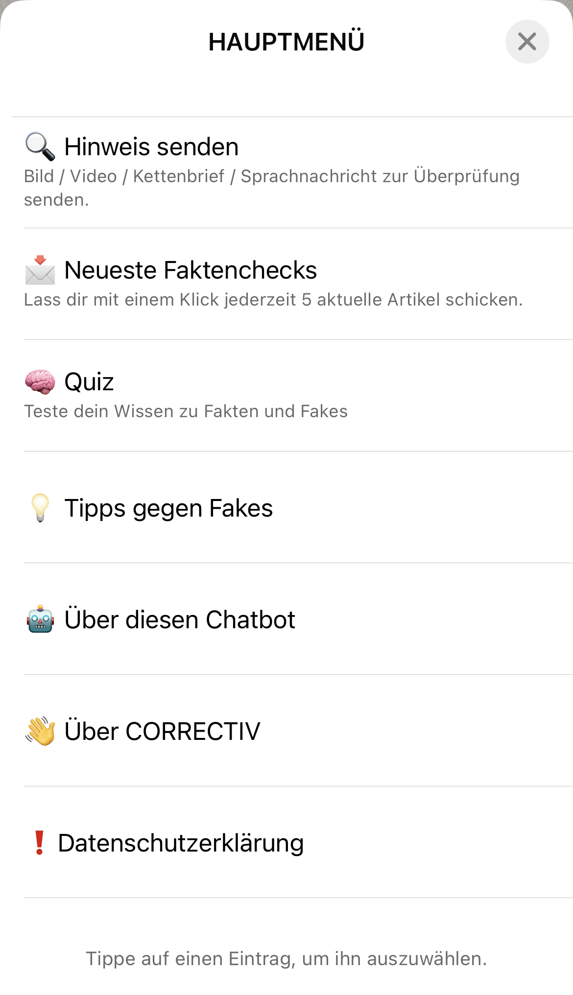 Der Whatsapp-Chatbot von CORRECTIV.Faktencheck: Hauptmenü