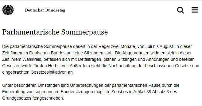 Hinweis zur parlamentarischen Sommerpause auf der Webseite des Bundestags. (Screenshot: CORRECTIV)