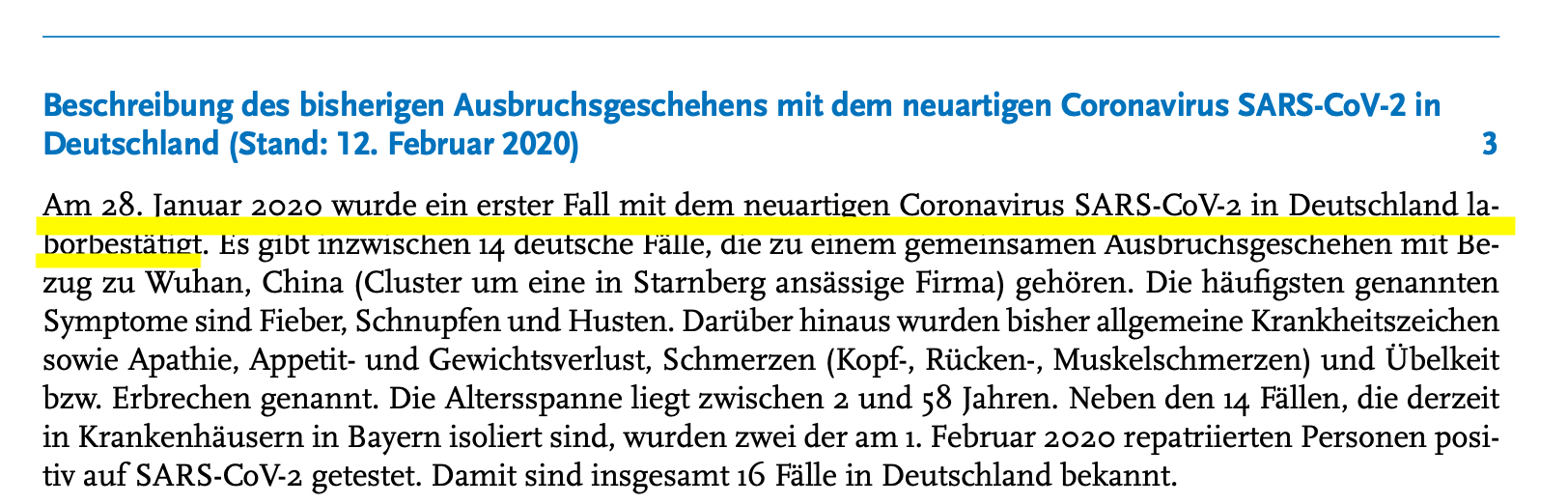 Den ersten bestätigen Covid-19-Fall in Deutschland gab es laut RKI am 28. Januar 2020. (Quelle: RKI, Screenshot und Markierung: CORRECTIV)