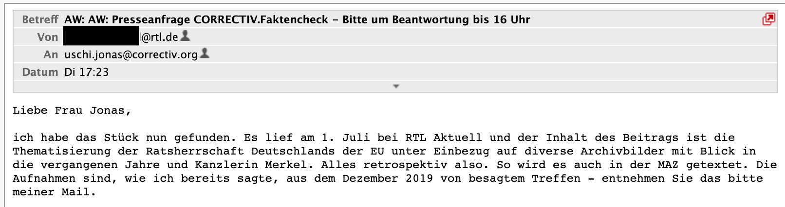Ein Ausschnitt einer E-Mail von RTL an CORRECTIV (Screenshot: CORRECTIV)