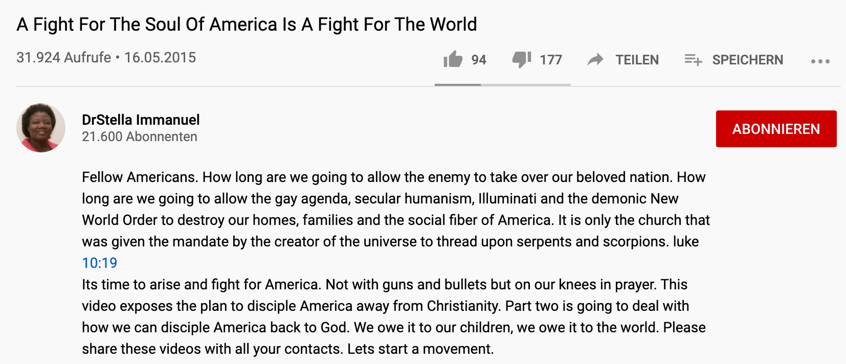 Stella Immanuel, Mitglied von „America’s Frontline Doctors“, glaubt, dass allein die Kirche ein Recht auf Macht habe. (Quelle: Youtube, Screenshot: CORRECTIV)