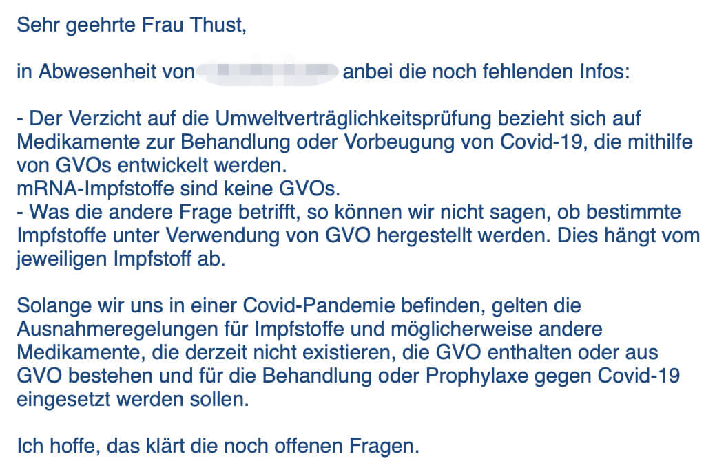 Die Europäische Kommission in Deutschland bestätigt in einer E-Mail, dass mRNA-Impfstoffe keine GVO enthalten.