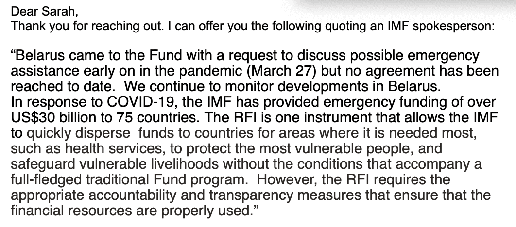 Ein Sprecher des IWF schrieb in einer E-Mail, dass Belarus bisher keine RFI-Schnellfinanzierung erhalten habe.