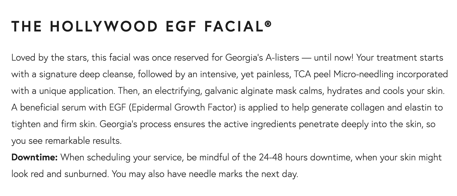 Auf der Webseite von Georgia Louise ist erklärt, wie die „The Hollywood EGF Facial“-Behandlung abläuft (Quelle: Georgia Louise, Screenshot: CORRECTIV)