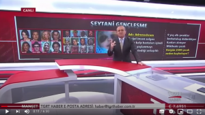 Der Beitrag des türkischen Nachrichtensenders TGRT Haber stellt falsche Behauptungen über Adrenochrom auf. (Quelle: Youtube, Screenshot: CORRECTIV)