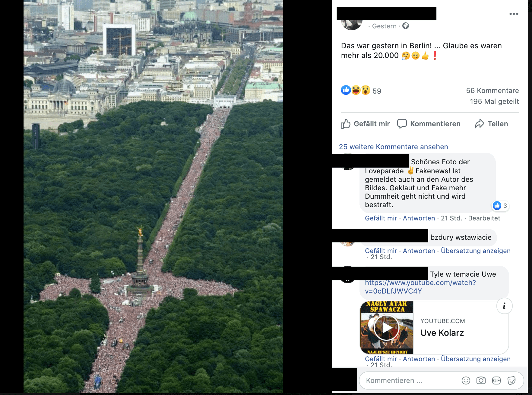 In einem Facebook-Beitrag wird mit einem Foto der Love Parade 2001 behauptet, dass es mehr Teilnehmer bei der Anti-Corona-Kundgebung gegeben habe als die Polizei meldete. (Quelle: Facebook, Screenshot und Schwärzungen: CORRECTIV)