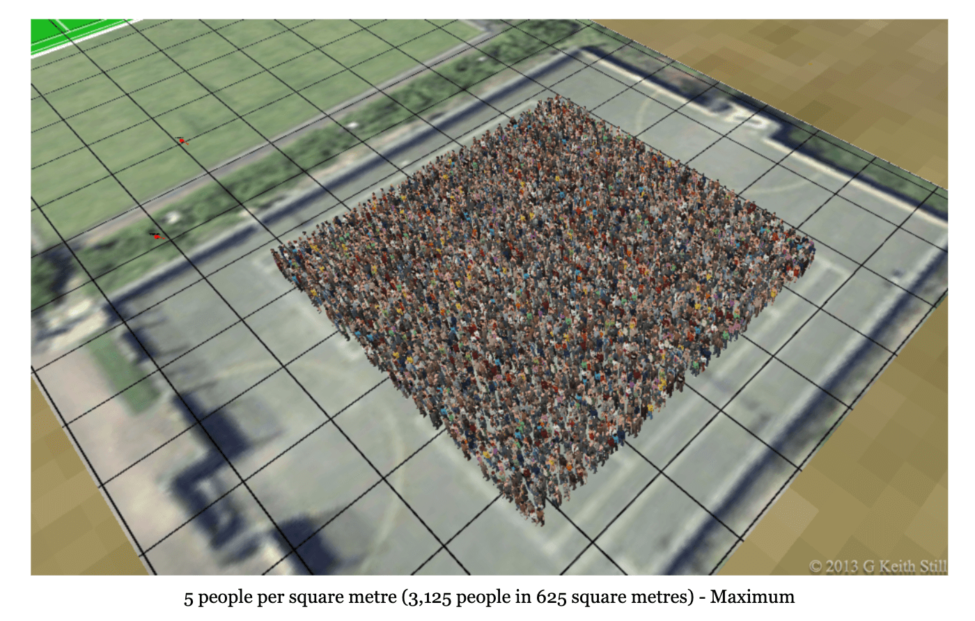 So dicht gedrängt stehen Menschen der Studie von Keith Still zufolge, wenn auf einen Quadratmeter fünf Personen kommen (Quelle: Keith Still, Screenshot: CORRECTIV) 