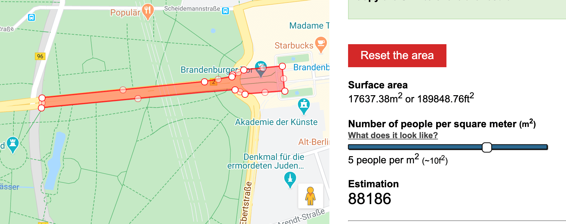 Dicht gedrängt hätten in dem Bereich um das Brandenburger Tor rund 88.200 Menschen Platz gehabt, wie das Tool „Mapchecking“ zeigt. (Quelle: Mapchecking, Screenshot: CORRECTIV)