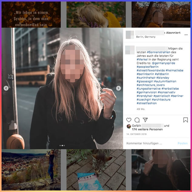 Ein Beitrag auf dem Instagram-Profil der JA-Aktivistin Hana K., in dem sie typische Hashtags verwendet. Der Account ist nicht öffentlich einsehbar.