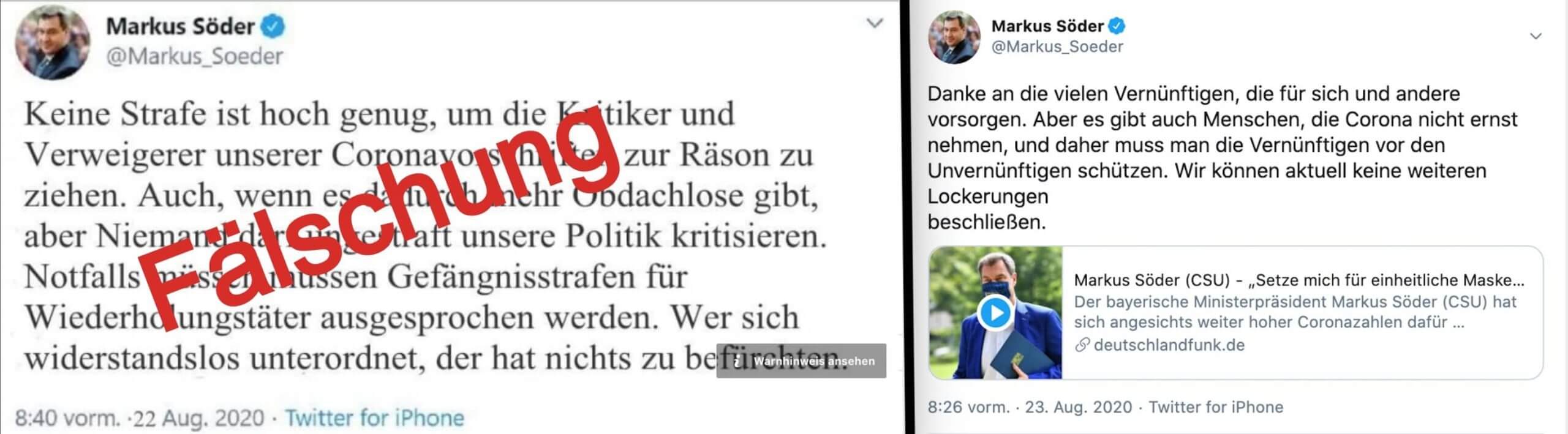 Links der gefälschte Tweet von Markus Söder, rechts zum Vergleich ein echter Tweet. 