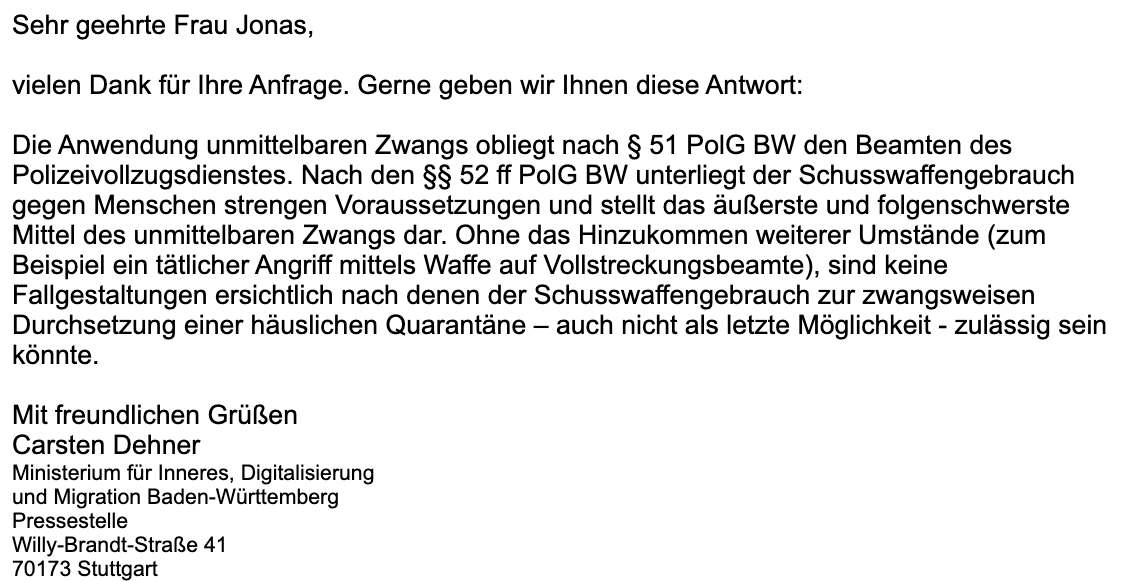 Die E-Mail des Ministeriums für Inneres, Digitalisierung und Migration Baden-Württemberg an CORRECTIV (Screenshot: CORRECTIV)