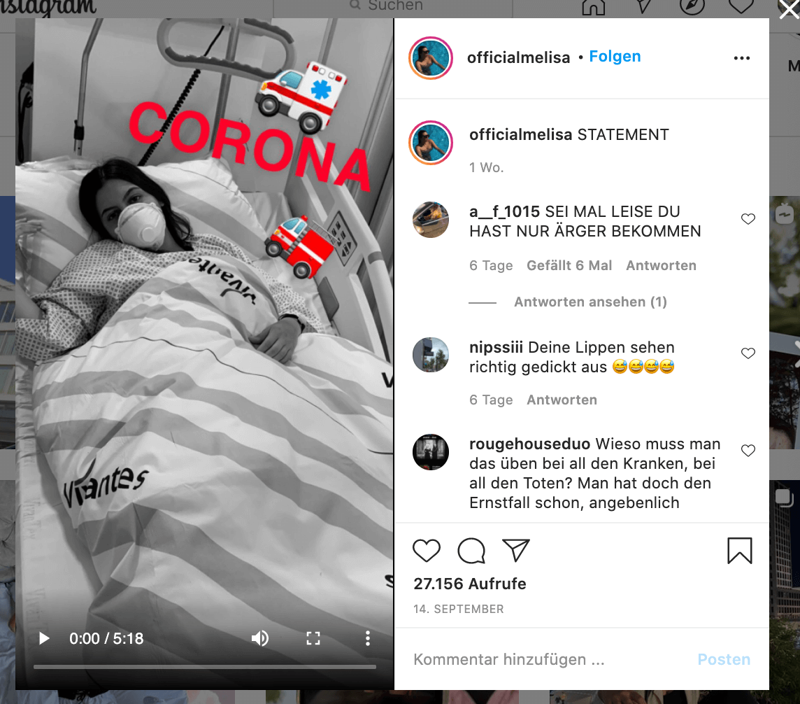Am 14. September veröffentlichte die Instagram-Nutzerin ein Video, in dem sie erklärt, was es mit ihrer Corona-Instagram-Story auf sich hatte. (Quelle: Instagram / Screenshot: CORRECTIV)