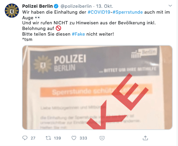 Die Polizei Berlin warnte auf Twitter davor, dass es sich bei dem angeblichen Flugblatt um eine Fälschung handelt (Quelle: Twitter, Screenshot: CORRECTIV)