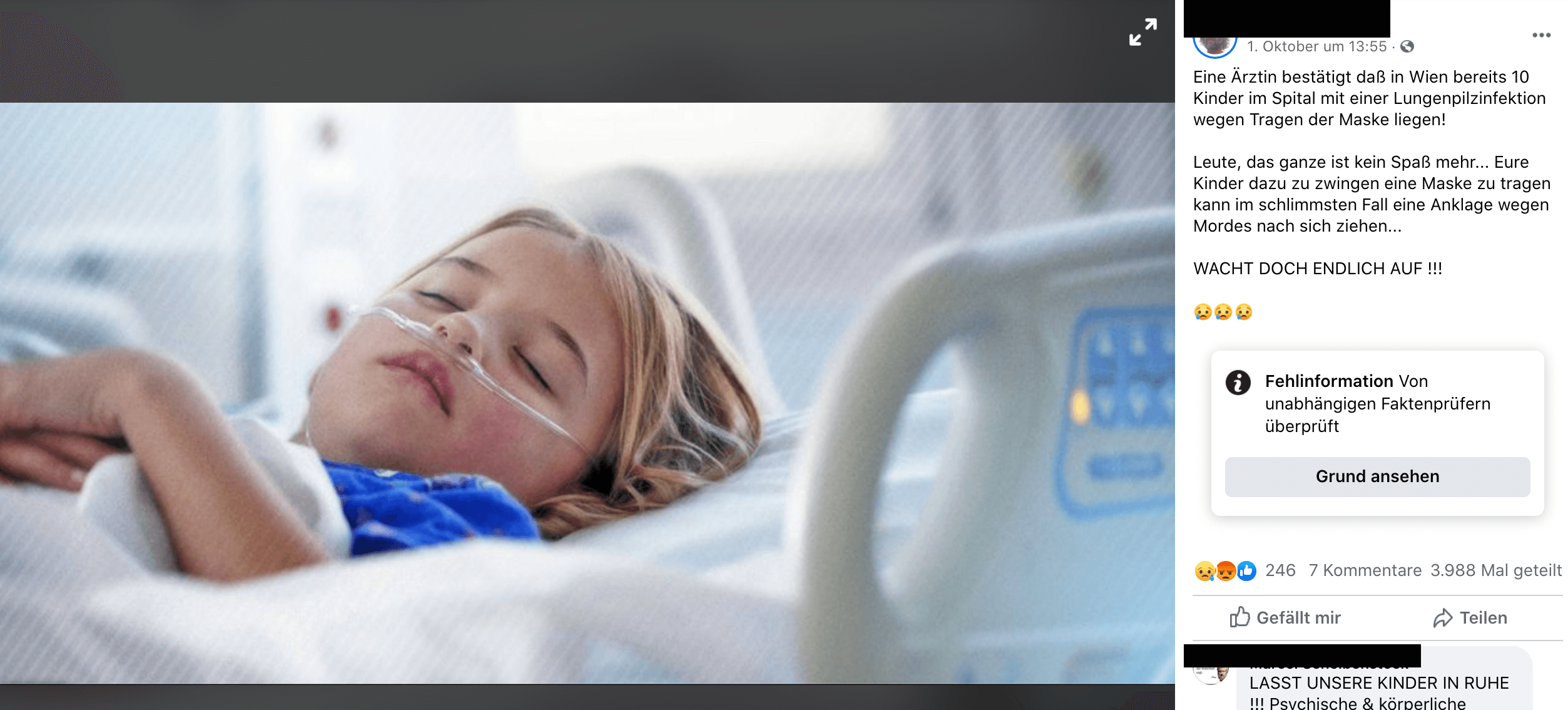 Die Behauptung, eine Ärztin habe bestätigt, dass zehn Kinder mit Lungenpilzinfektionen in Wiener Krankenhäusern lägen, wird aktuell auf Facebook verbreitet. (Quelle: Facebook, Screenshot und Schwärzungen: CORRECTIV)
