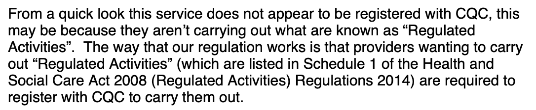 Auszug aus der E-Mail eines Sprechers der Regulierungsbehörde für Gesundheits- und Sozialfürsorgedienste in England.