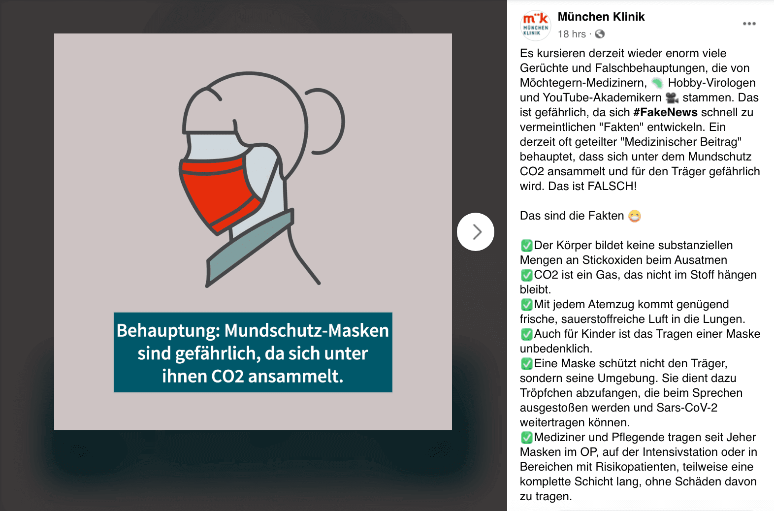 Die München Klinik erklärte am 19. Mai 2020 auf Facebook: Die Behauptung, unter Masken sammele sich gefährliches CO2, sei falsch.