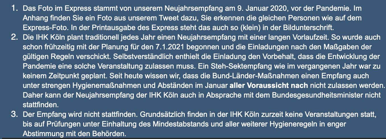 Eine Pressesprecherin der IHK Köln schreibt, dass der Neujahrsempfang doch nicht stattfinden könne. (Screenshot vom 23. November 2020: CORRECTIV)