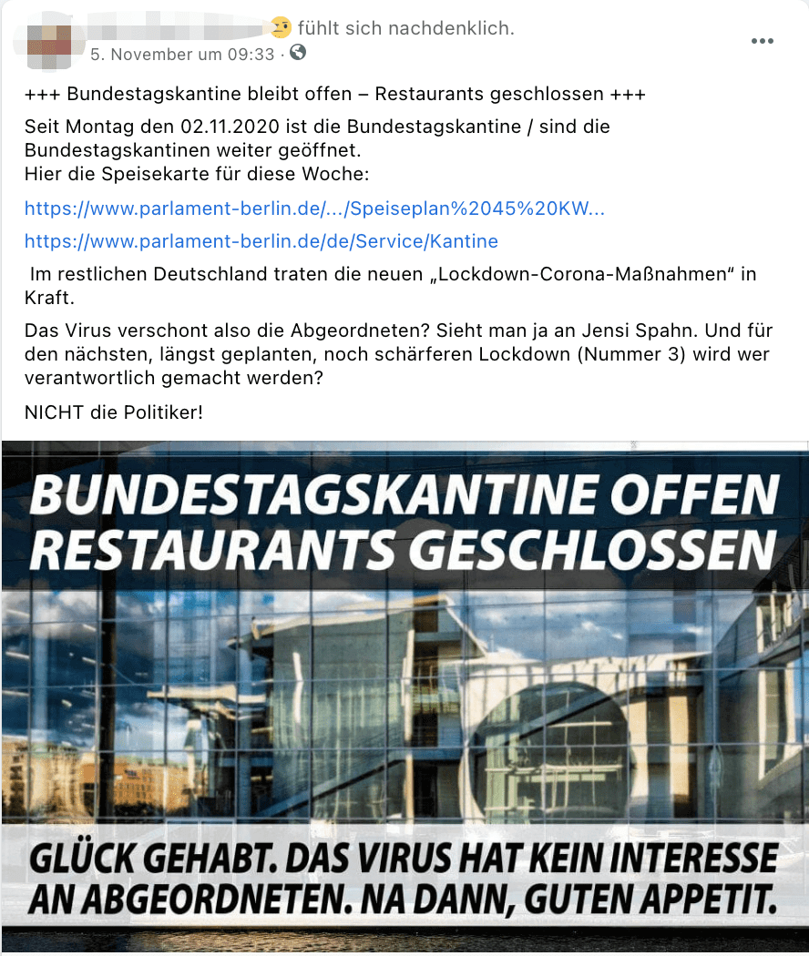 In diesem Beitrag wird suggeriert, für Bundestagsabgeordnete gelte eine Ausnahmeregelung bezüglich der Restaurantschließungen. Das stimmt nicht. 