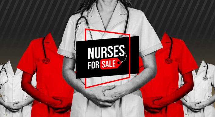 Die Grafik zeigt den Titel "Nurses for Sale" und collagierte Krankenschwestern. Angelehnt ist die Optik an ein Black Friday Verkaufsdesign