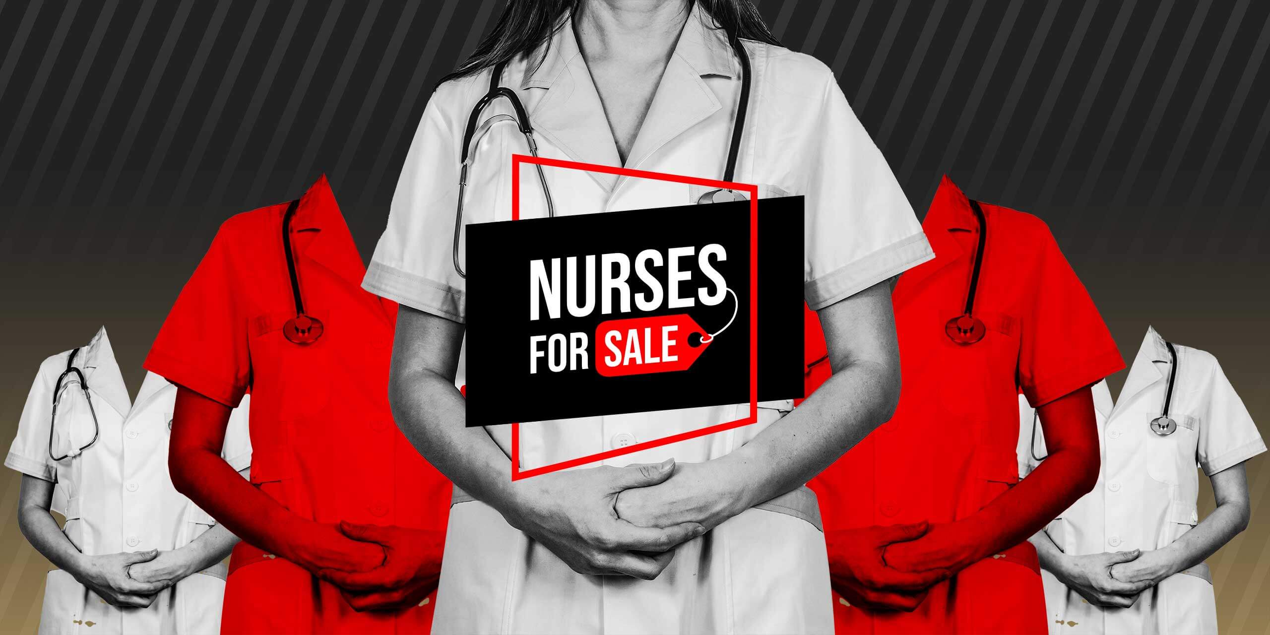 Die Grafik zeigt den Titel "Nurses for Sale" und collagierte Krankenschwestern. Angelehnt ist die Optik an ein Black Friday Verkaufsdesign