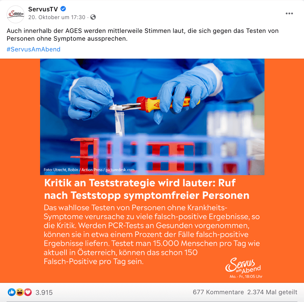 Auf Facebook schreibt Servus-TV, dass Kritik an der Teststrategie in Österreich lauter werde. 