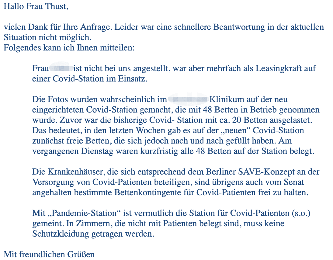 Diese E-Mail haben wir von einer Sprecherin des Krankenhauses in Berlin erhalten. 