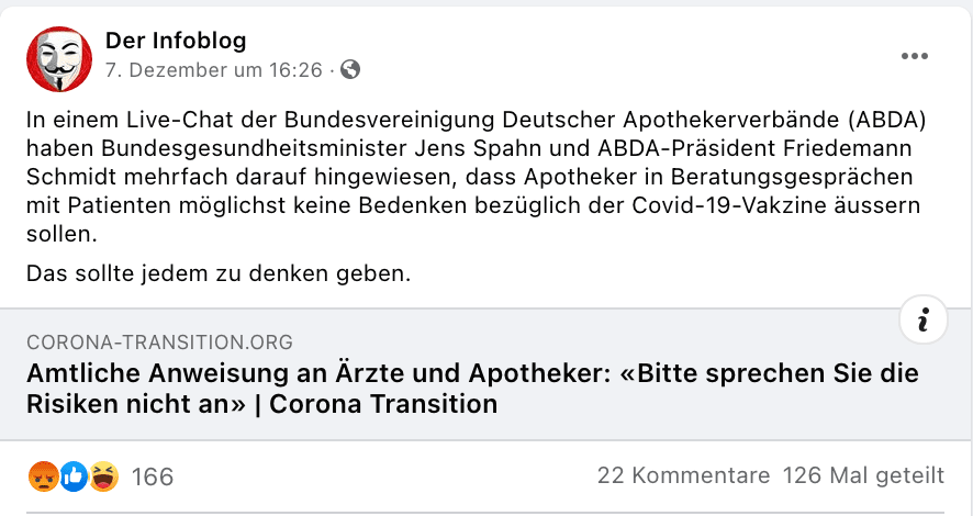 Der Bericht von Corona-Transition wurde häufig auf Facebook geteilt.