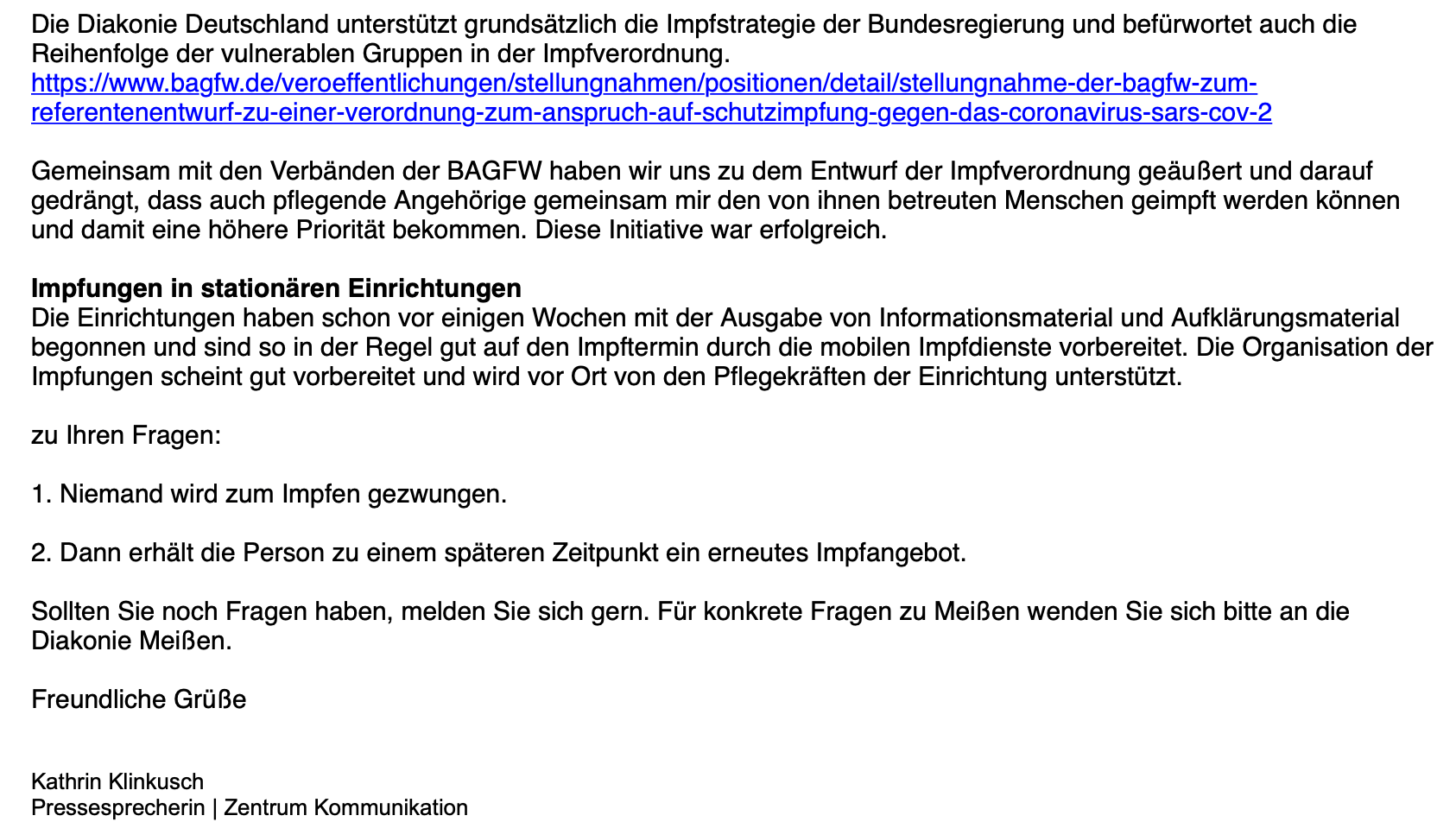 Ausschnitt aus der E-Mail der Diakonie Deutschland an CORRECTIV.Faktencheck (Screenshot: CORRECTIV.Faktencheck)