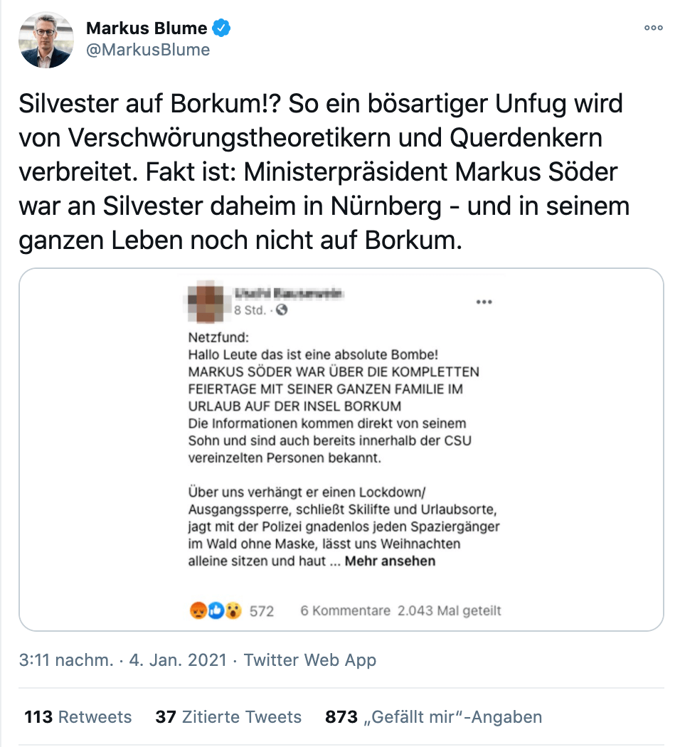  In einem Tweet bezeichnet CSU-Generalsekretär Markus Blume die Vorwürfe gegenüber Söder als „bösartige[n] Unfug“. (Quelle: Twitter / Screenshot: CORRECTIV.Faktencheck)